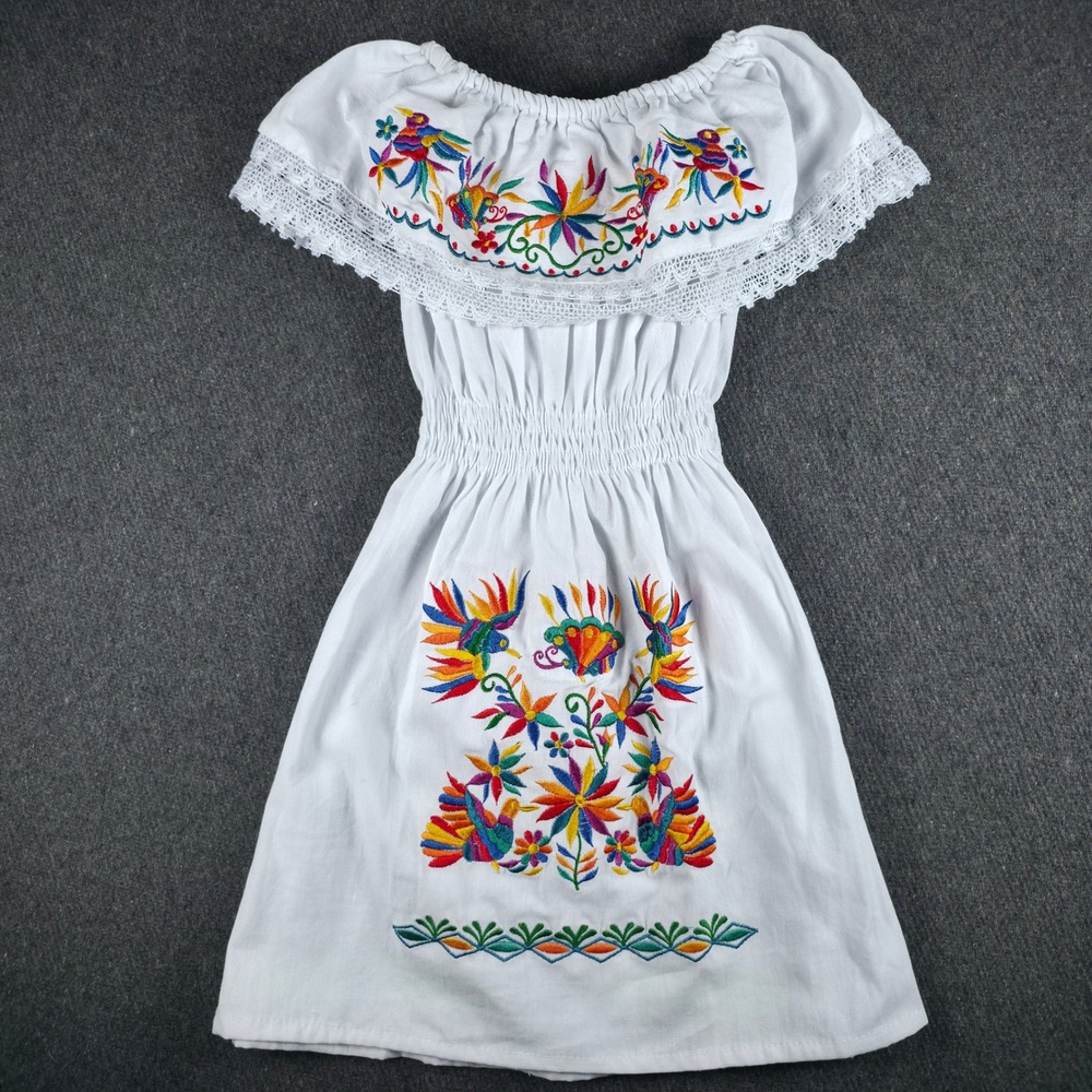 Mexican Peasant Dress Kids Size 6 White Floral Bird Embroidered Boho